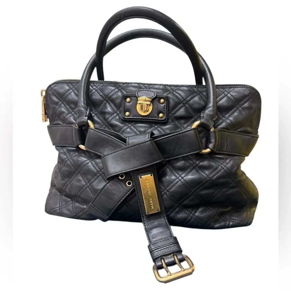 Marc Jacobs Collection Quilted Black Leather Belted Bruna Handbag Auth